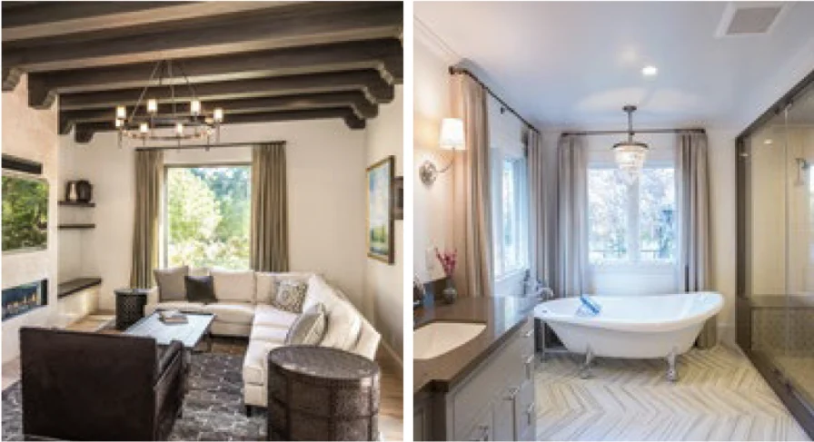 Two images; the left shows a living room with a beige sofa, fireplace, and dark wooden beams. The right shows a bathroom with a free-standing bathtub and a glass shower designed by Whole Home Remodels San Francisco, Front Street Builders