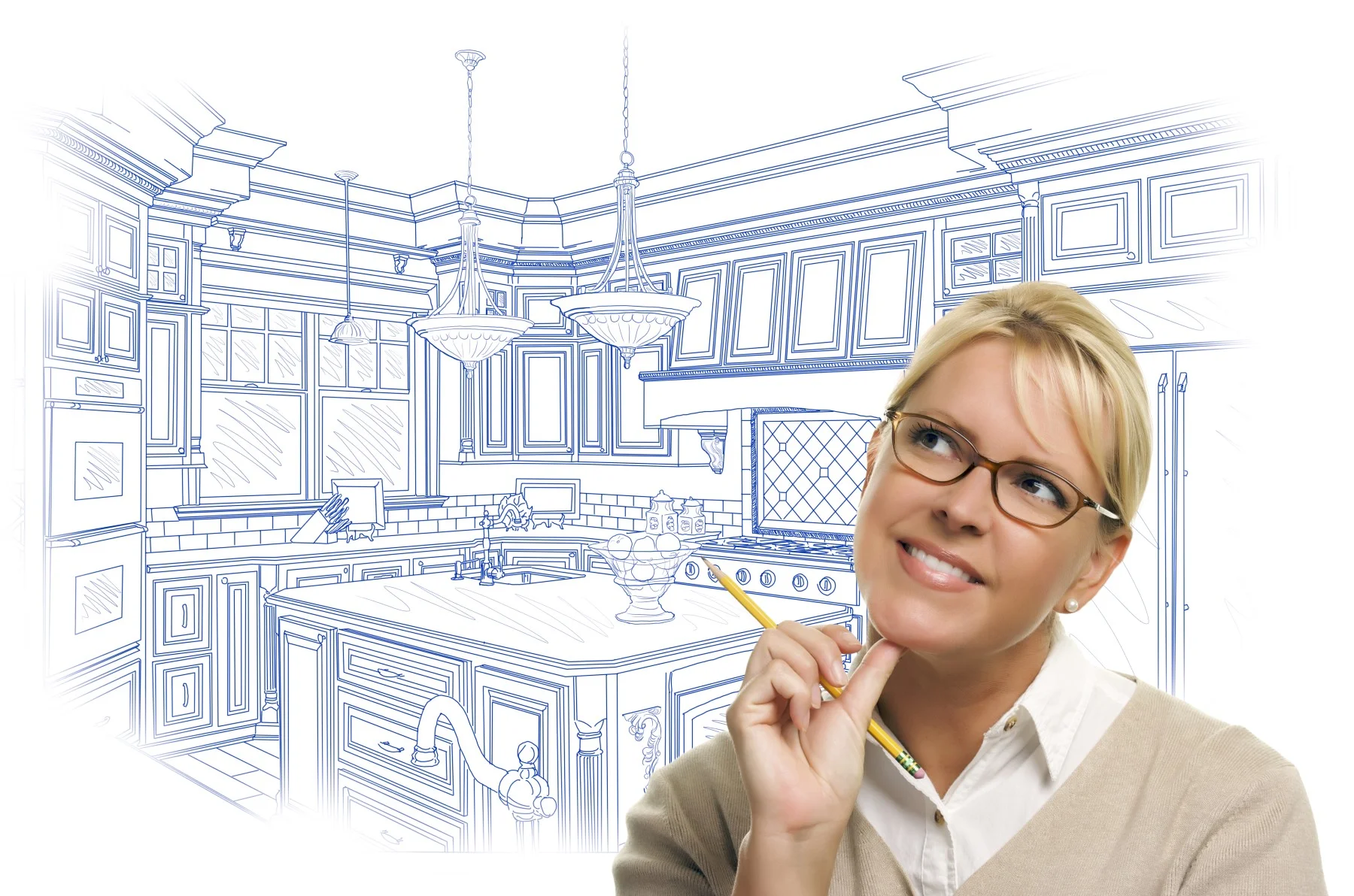 A person from Front Street Builders, kitchen and bath showroom Burlingame, CA holds a pencil, smiling in front of a drawn blueprint of a kitchen.