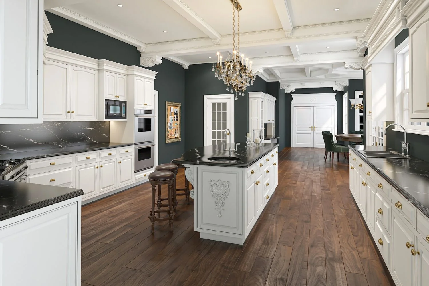 Luxurious kitchen with white cabinets, a marble countertop island and a chandelier designed by Best Kitchen Remodeling Company San Francisco, Front Street Builders
